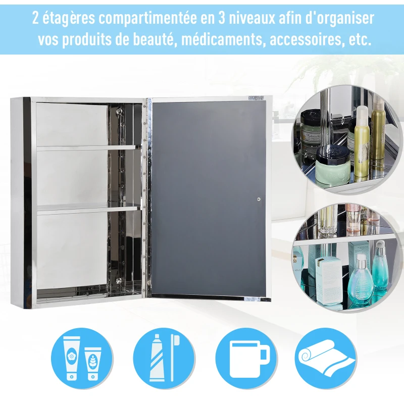 HOMCOM Armoire Miroir Murale de Salle de Bain Acier Inoxydable 3 Niveaux de Rangement 40L x 13l x 60H cm