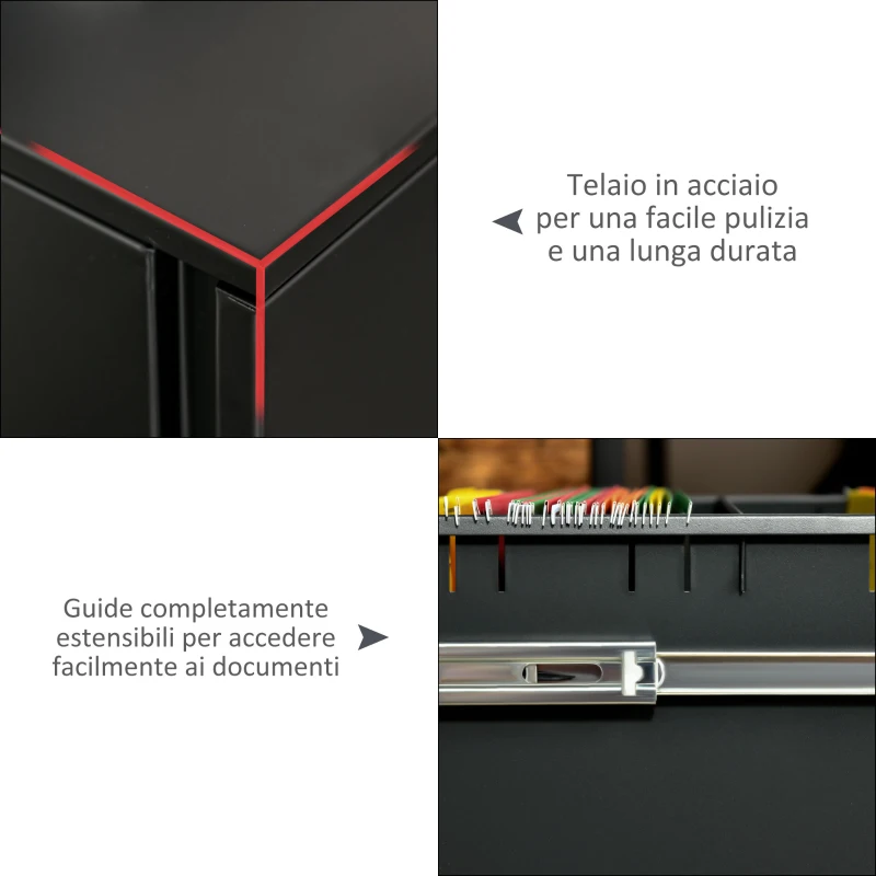 Vinsetto Cassettiera Ufficio con Ruote, Schedario Portadocumenti a 2 Cassetti con Serratura e 2 Chiavi in Acciaio, 39x48x67cm, Nero