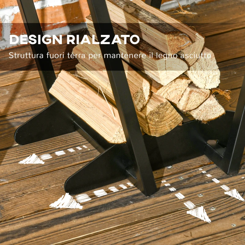 Outsunny Scaffale Portalegna con Ganci da Esterno e Interno in Acciaio, 45x32x58cm, Nero