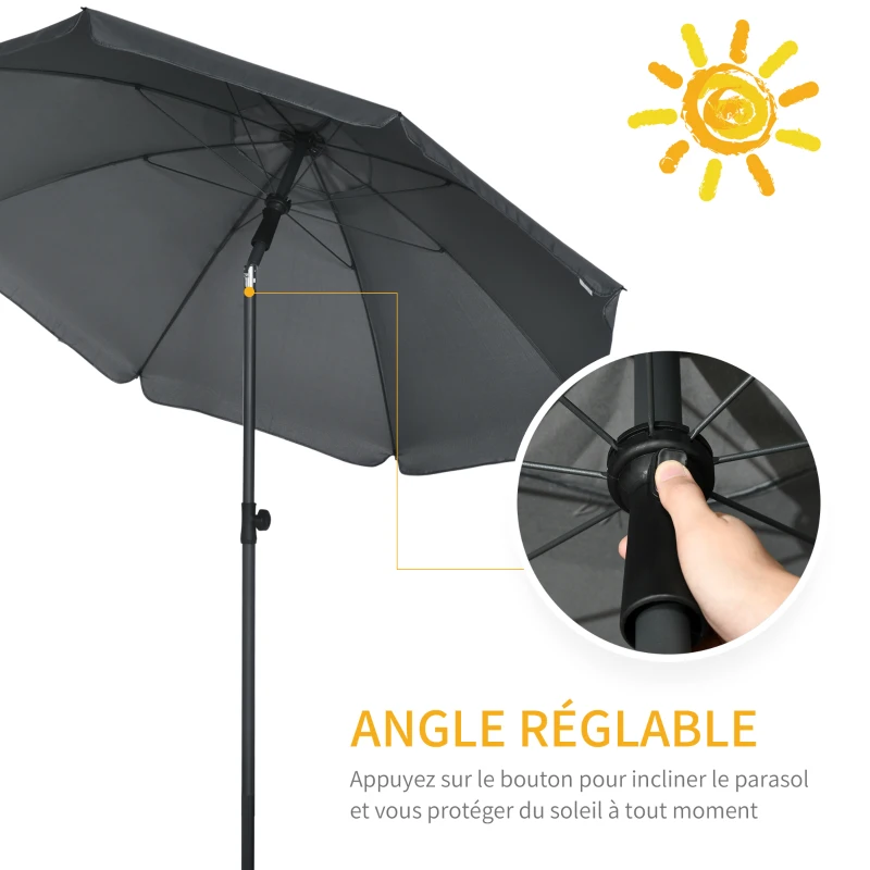 Outsunny Parasol de plage inclinable protection UV 50 + avec 8 baleines en fibre de verre  Ø 180 cm gris foncé