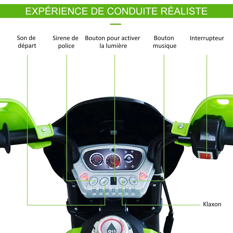 HOMCOM Motocross électrique 35 W Enfant 3 à 6 Ans dim. 109L x 52,5l x 70,5H cm roulettes Amovibles Vert