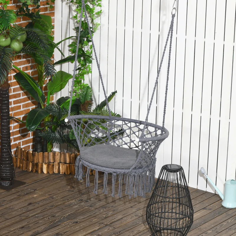 Outsunny Outdoor Hanging Rope Chair with Cotton Rope, Cotton-Polyester Blend Macrame Garden Hammock Chair with Seat Cushion, Support Backrest, for Patio, Garden, Porch, Dark Grey