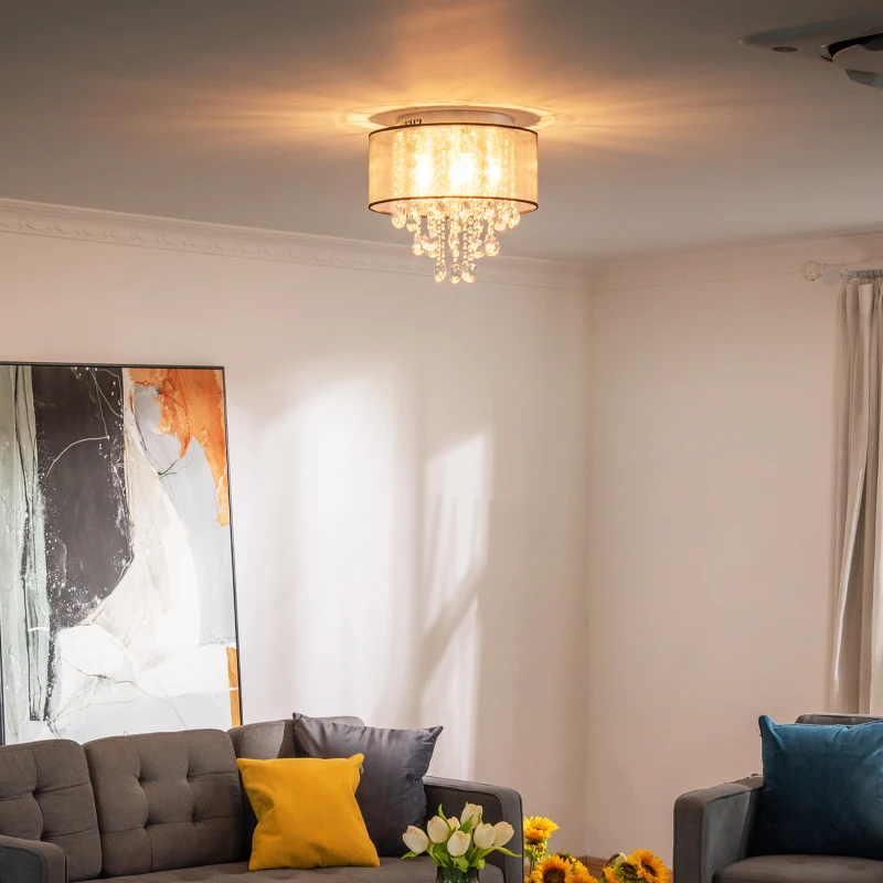 HOMCOM Modern Crystal Chandelier Flush Mount Ceiling Light with Drum Shade for Living Room Bedroom Dining Room Silver, 40cm