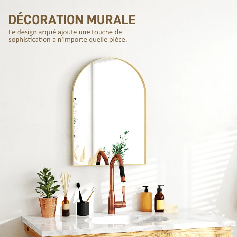 HOMCOM Miroir mural arqué miroir de salle de bain avec cadre en alliage d'aluminium pour chambre salon entrée 50 × 70 cm or
