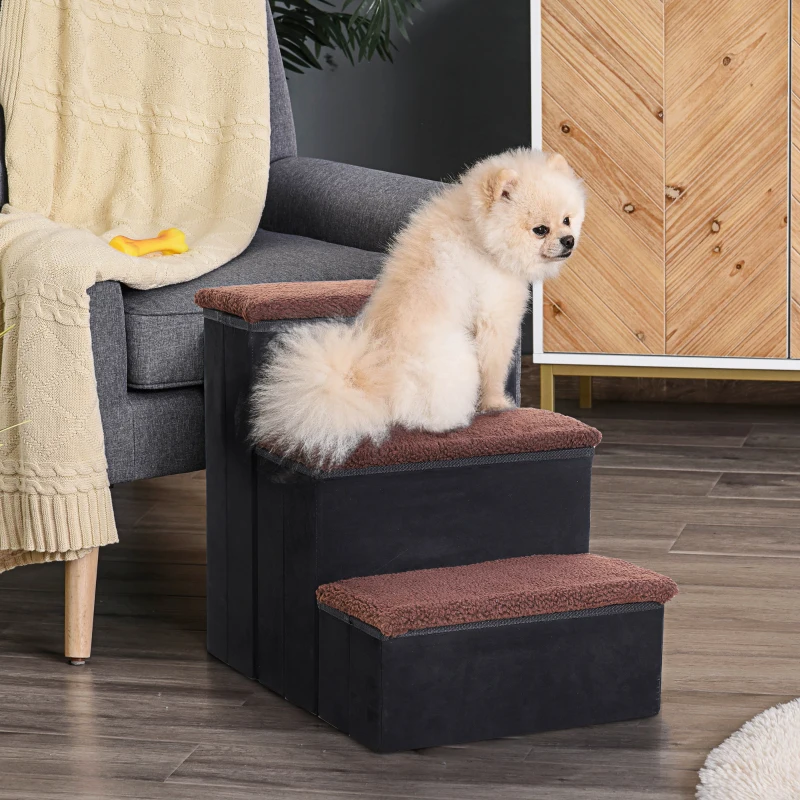 PawHut Pet Stairs Washable Fleece Faux Suede Cover 3 Step Dog Cat Foldable Portable Mobility Assistance 41 x 19cm Black