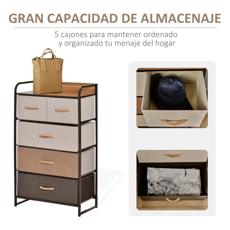 HOMCOM Cómoda para Dormitorio con 5 Cajones Plegables Parte Superior de Madera y Marco Metálico 58x29x99 cm Multicolor