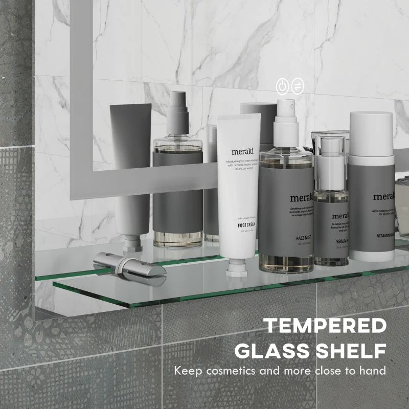 kleankin Large Vanity Mirror with Lights and Shelf, Illuminated bathroom Mirror with 3 Colour Brightness, Smart Touch, Anti-Fog