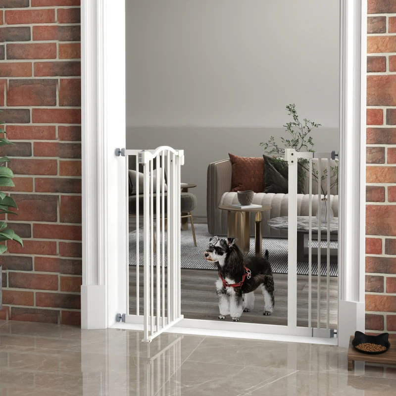PawHut Metal 74-100cm Adjustable Pet Gate Safety Barrier w/ Auto-Close Door White