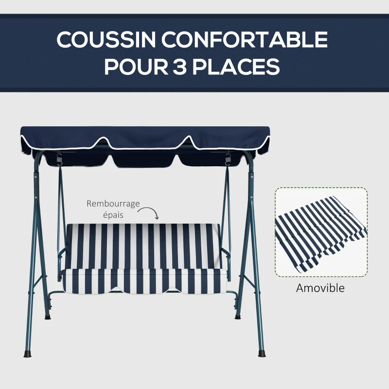 Outsunny Balancelle de Jardin 3 Places Toit Inclinaison réglable Coussins Assise et Dossier Acier Noir Polyester Bleu