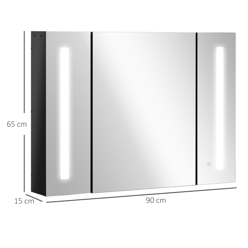 kleankin Armadietto con Specchio da Bagno a Parete in MDF con 3 Armadietti, 3 Ripiani e Luce LED, 90x15x65 cm, Nero