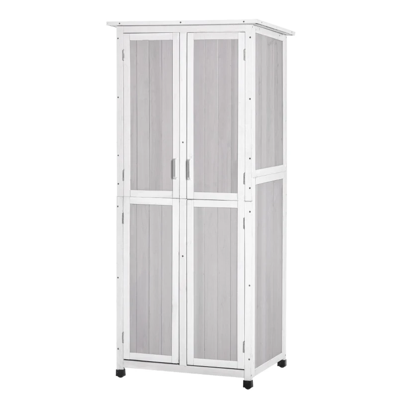 Outsunny Outdoor Garden Shed Wooden Garden Cabinet 3-Tier Double-door Storage Shed 2 Shelves Organizer with Handle Hooks Magnetic Latch Foot Pad 77 x 58 x 175cm Grey