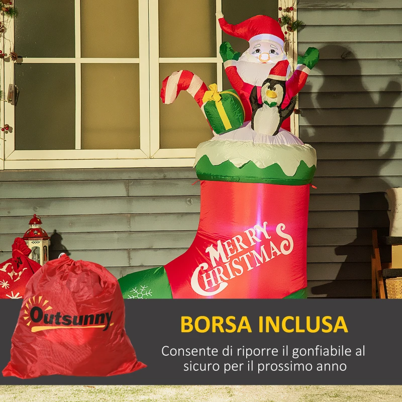 Outsunny Babbo Natale Gonfiabile con Pinguino e Calza Natalizia, Luci LED e Gonfiatore Incluso, 90x50x149cm