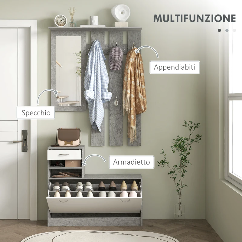 HOMCOM Set Mobile da Ingresso con Appendiabiti a 6 Ganci, Mobile Scarpiera con Cassetto e Specchio, Grigio