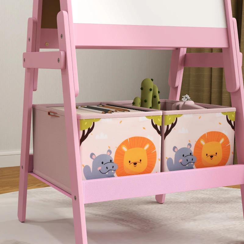 AIYAPLAY Pizarra Infantil de Doble Cara con 2 Cajas de Tela Caballete de Pintura para Niños con Estampado de Animales Rosa