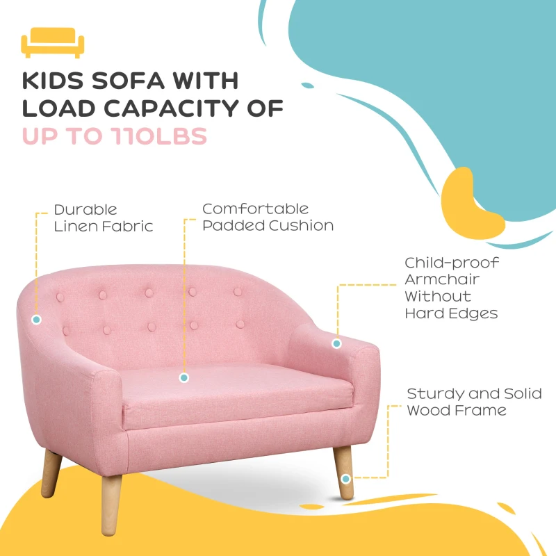 HOMCOM Children's Armchairs Kids Armchair Toddler Chair 2 Seater Wood Frame Mini Sofa for Bedroom Playroom Pink