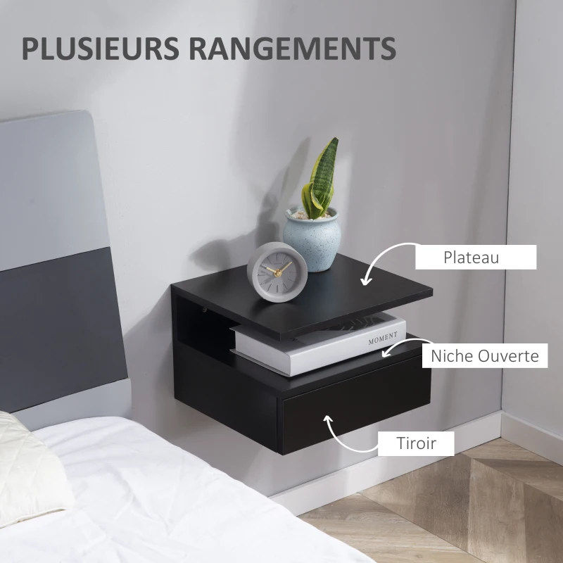 HOMCOM Lot de 2 Tables de Chevet murales - Lot de 2 Tables de Nuit - tiroir Coulissant, Niche, Plateau - Panneaux Particules Noir