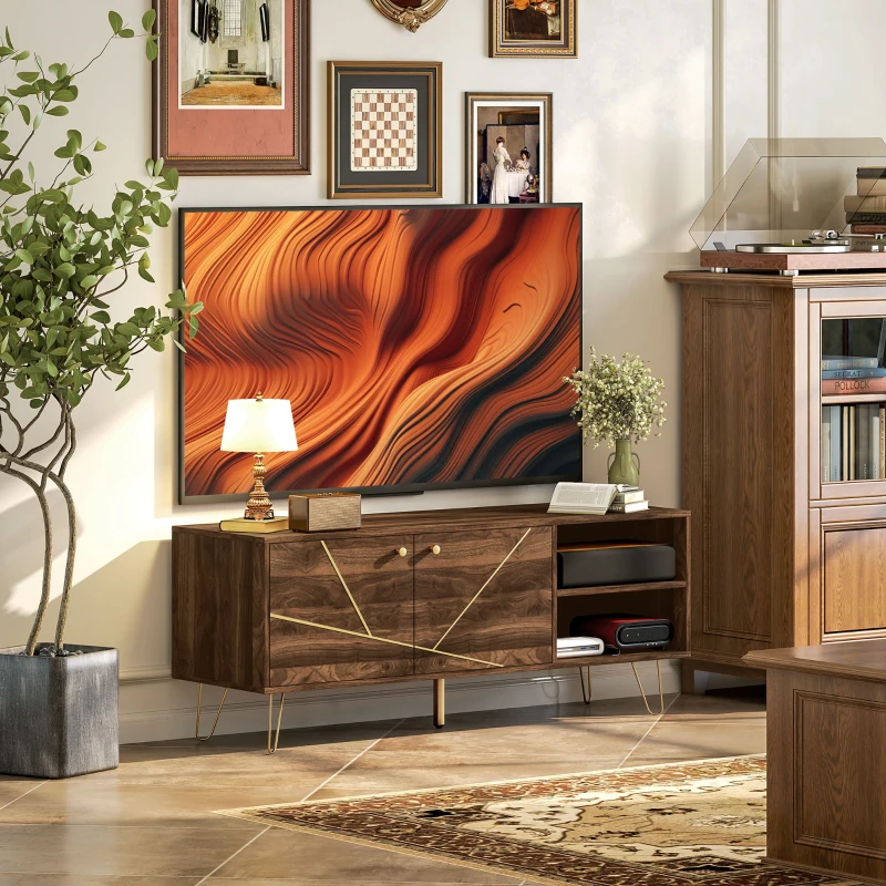 HOMCOM TV Stand Cabinet for up to 60 Inch TV, Modern 130cm TV Unit with Adjustable Shelves and Hairpin Legs, Double Door TV Cabinet for Living Room, Bedroom, Brown