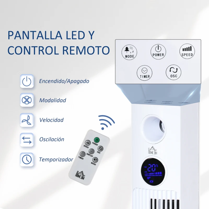 HOMCOM Ventilador de Torre Bajo Consumo 45W Silencioso con Caja de Aromas y Mando a Distancia 3 Velocidades 3 Modos Oscilación 70° Pantalla LED Táctil Temporizador 12h 31,5x31,5x96 cm Blanco