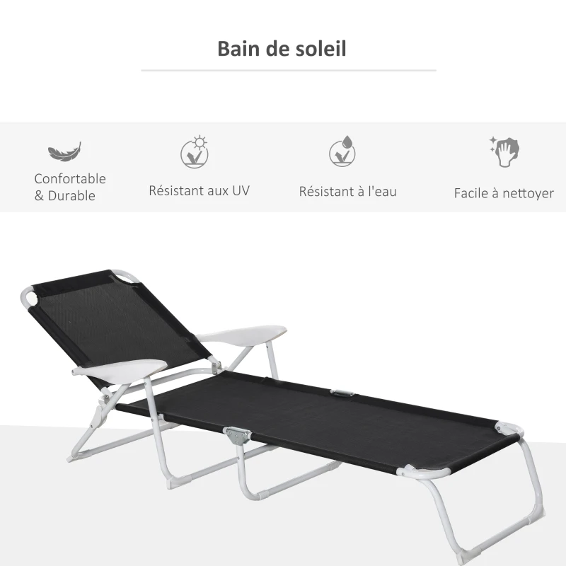 Outsunny Bain de Soleil Pliable - transat inclinable 4 Positions - Chaise Longue Grand Confort avec accoudoirs - métal époxy textilène - dim. 186L x 66l x 80H cm - Noir