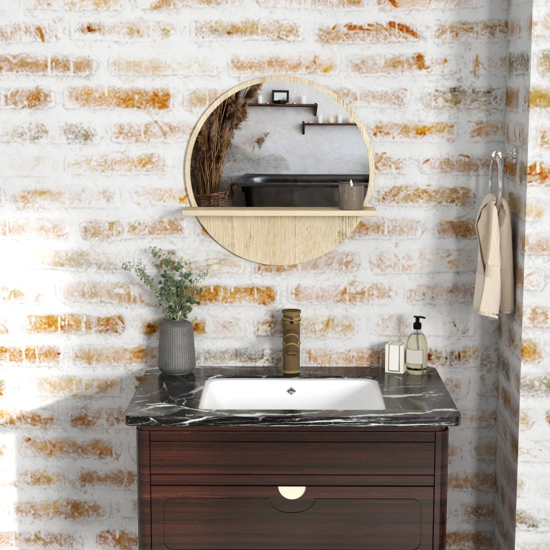 kleankin 45cm Round Home Mirror, with Shelf - Natural Wood Effect