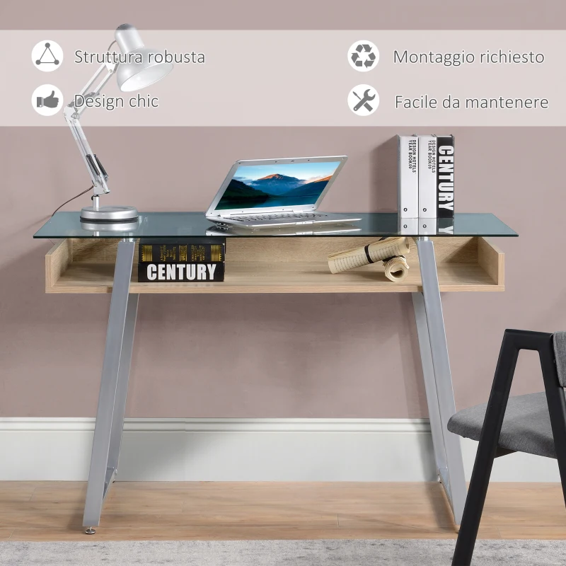 HOMCOM Scrivania da Computer di Design con Piano in Vetro Temperato di 9mm e Telaio in Legno e Acciaio, per Casa Ufficio