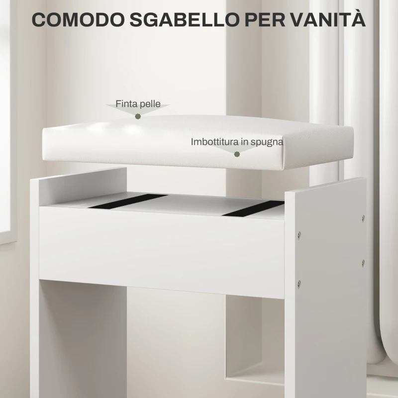 HOMCOM Set Tavolo da Trucco con Specchio e 5 Cassetti 97.2x44.5x136.5 cm e Sgabello Imbottito 40x24x46 cm, Bianco