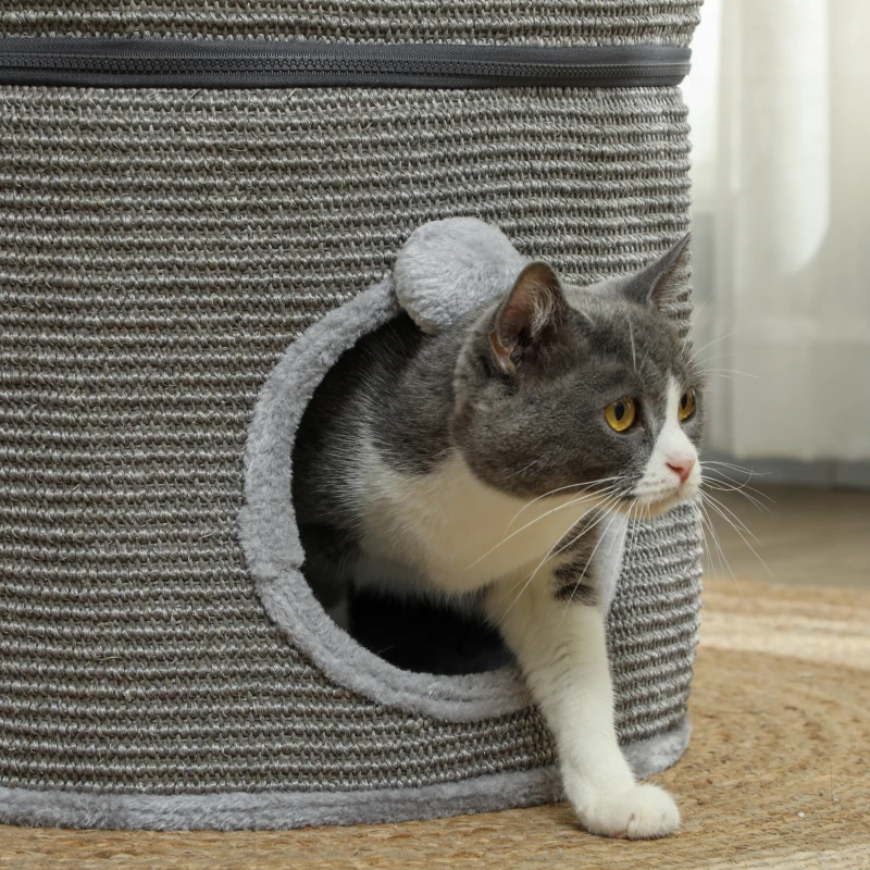 PawHut Tour pour chat modulable tonneau griffoir chat avec fermeture éclair séparable 3 niveaux deux balles Ø 42 x 69H cm gris