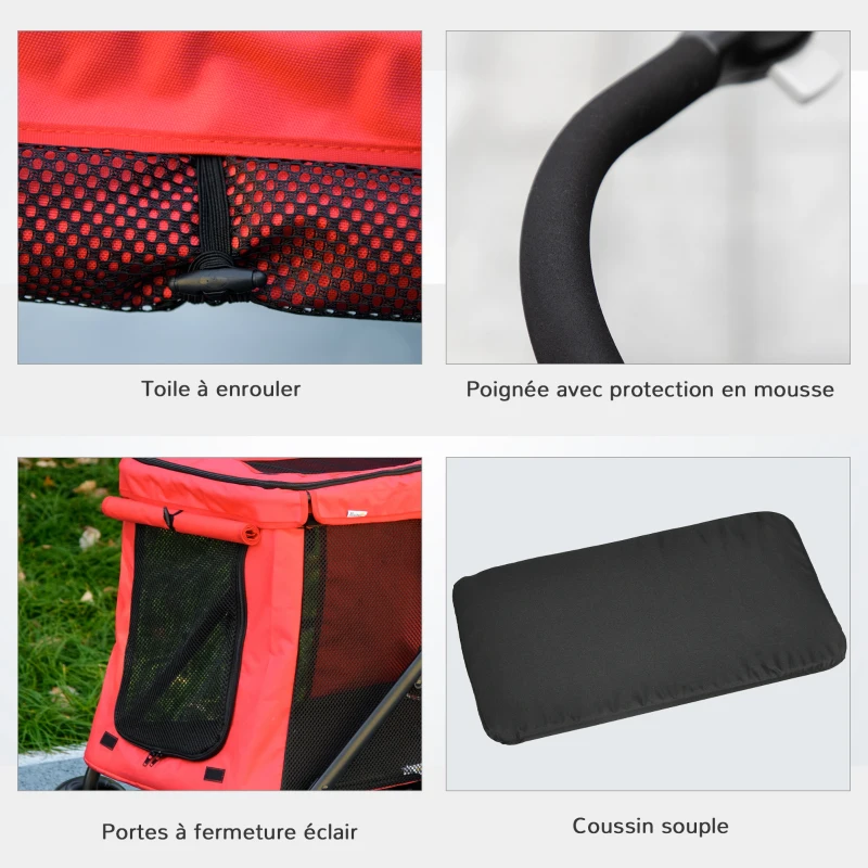 PawHut Poussette pliable animaux chien chat coussin inclus roues avec frein tissu 600D Oxford 102 x 62 x 105 cm rouge
