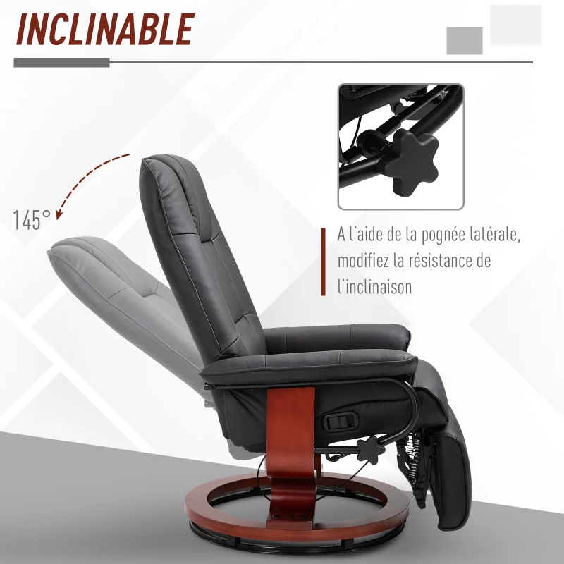 HOMCOM Fauteuil relax inclinable fauteuil de salon repose-pieds réglable pivotant 360° piètement bois revêtement synthétique noir(m-4)