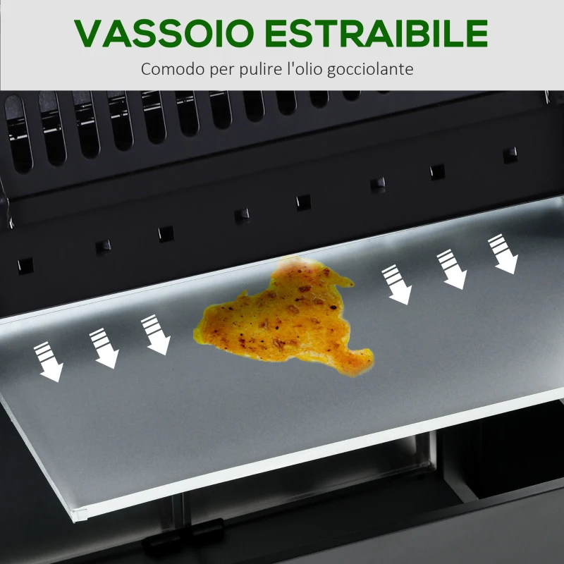 Outsunny Barbecue a Gas a 5 Fornelli con Ripiani Laterali e Armadietto, in Acciaio e PP, 125x51x100 cm, Nero