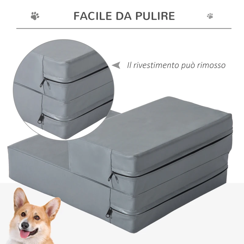 PawHut Scaletta per Cani Materassino 2 in 1 in PU e Gommapiuma 45x39x20cm Grigio