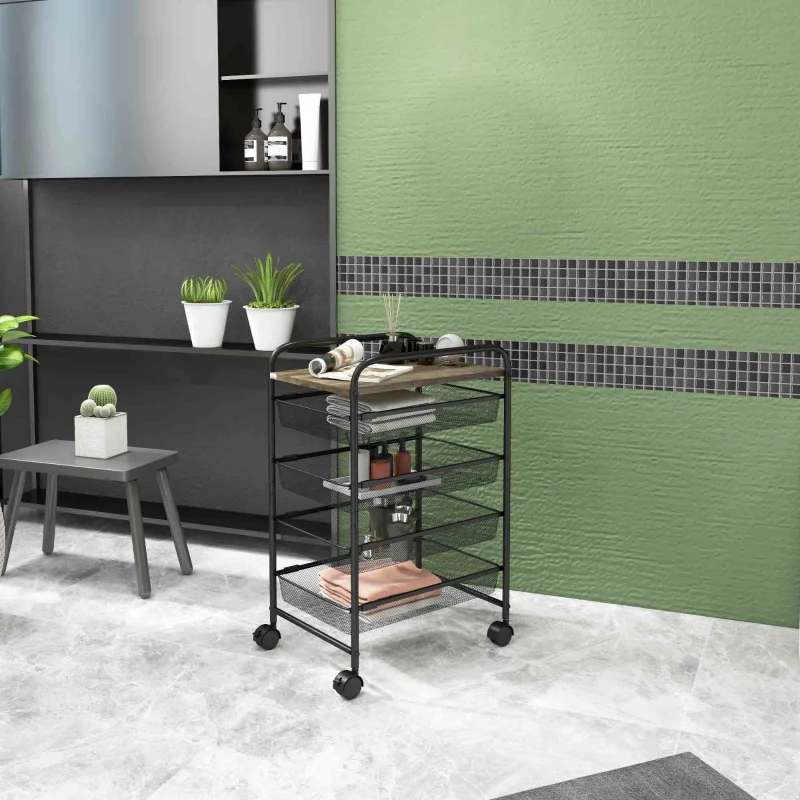 HOMCOM Storage Trolley on Wheels, Rolling Utility Serving Cart with 4 Mesh Trays for Living Room, Kitchen, Black