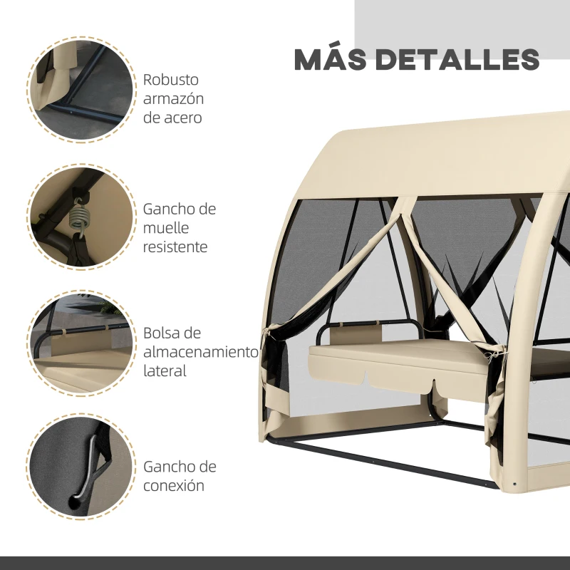 Outsunny Balancín de Jardín de 3 Plazas Convertible en Cama Columpio con Mosquitera Estructura de Metal 240x140x197 cm Beige