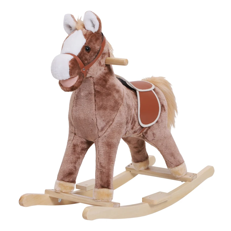 HOMCOM Kids Children Plush Rocking Horse Wooden Base Ride On Toy Rocker with Handle Grip Traditional Toy Fun Gift for Age 3+ (Brown)
