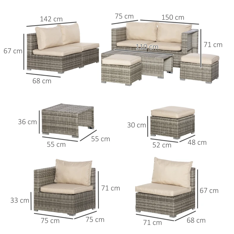 Outsunny Salotto da Giardino in Rattan PE da 8 Pezzi con Poltrone, Tavolini e Sgabelli, Beige