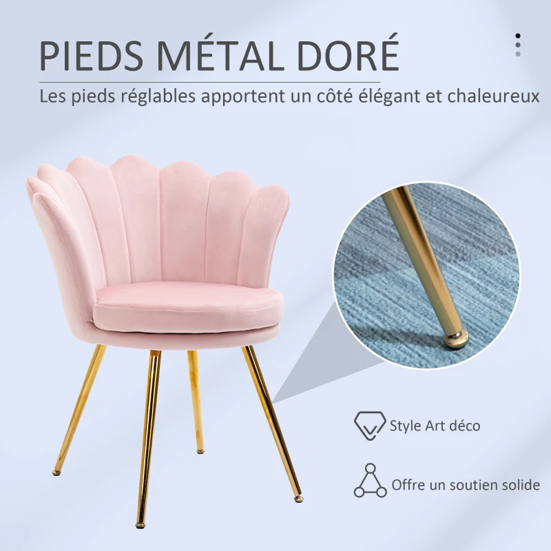 HOMCOM Fauteuil coquillage chaise coiffeuse fauteuil en velours avec pieds en métal doré pour salon chambre et salle à manger 67l x 64P x 77H cm rose poudré