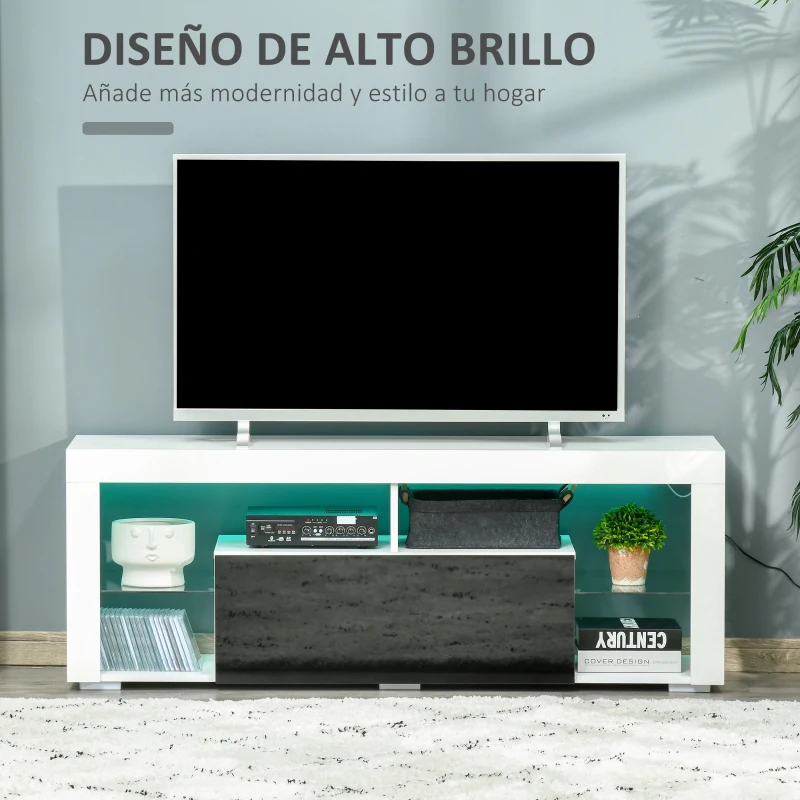 HOMCOM Mueble de TV para Televisiones de 55'' Mesa para TV de Salón con Luz LED 6 Modos de Colores 140x35x52 cm Blanco