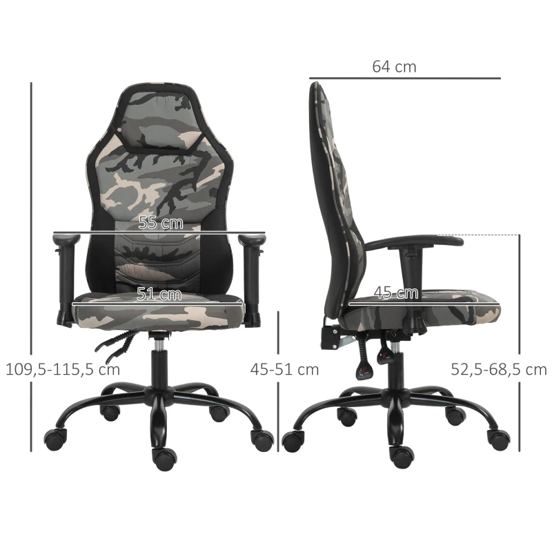 HOMCOM Fauteuil gaming militaire - chaise gamer - inclinable, hauteur réglable assise & accoudoirs, pivotant - polyester noir vert