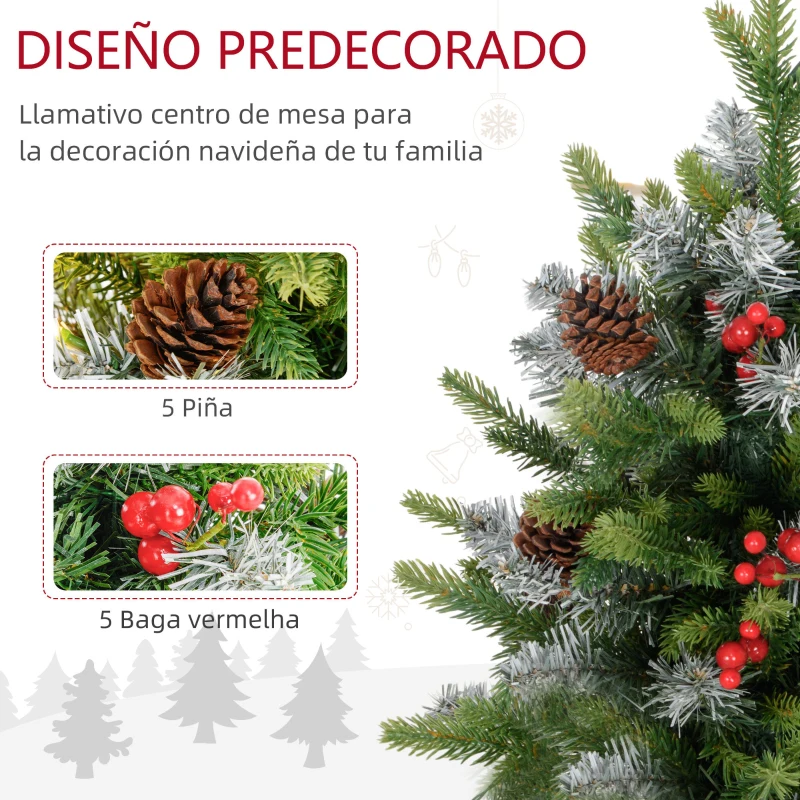 HOMCOM Árbol de Navidad Sobremesa 60 cm con 20 Luces LED 141 Ramas 5 Piñas 5 Racimos de Bayas Rojas y Soporte de Metal Verde