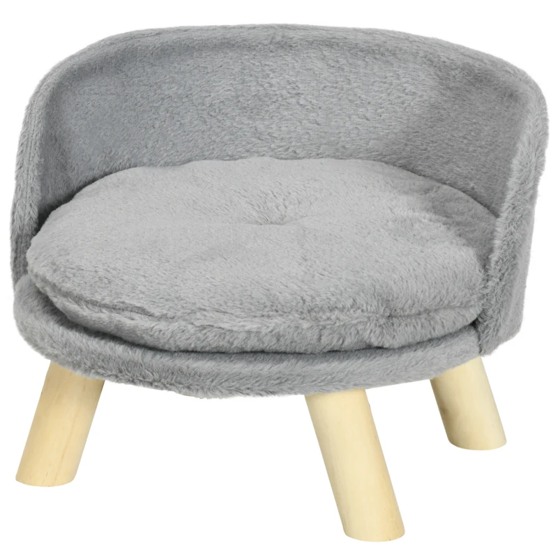 PawHut Divano per Gatti e Cani Rotondo in Peluche e Legno con Cuscino Extra, Ø40.5x33 cm, Grigio