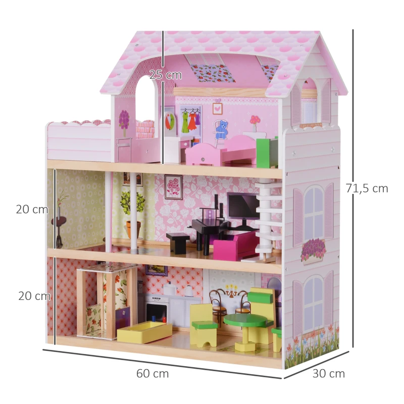 HOMCOM Casa de Muñecas con 13pcs 60x30x71,5 cm Muebles Mobiliario Casita Muñeca Juguete Madera 3 Pisos Casa de Juguete Bella de Madera Rosa