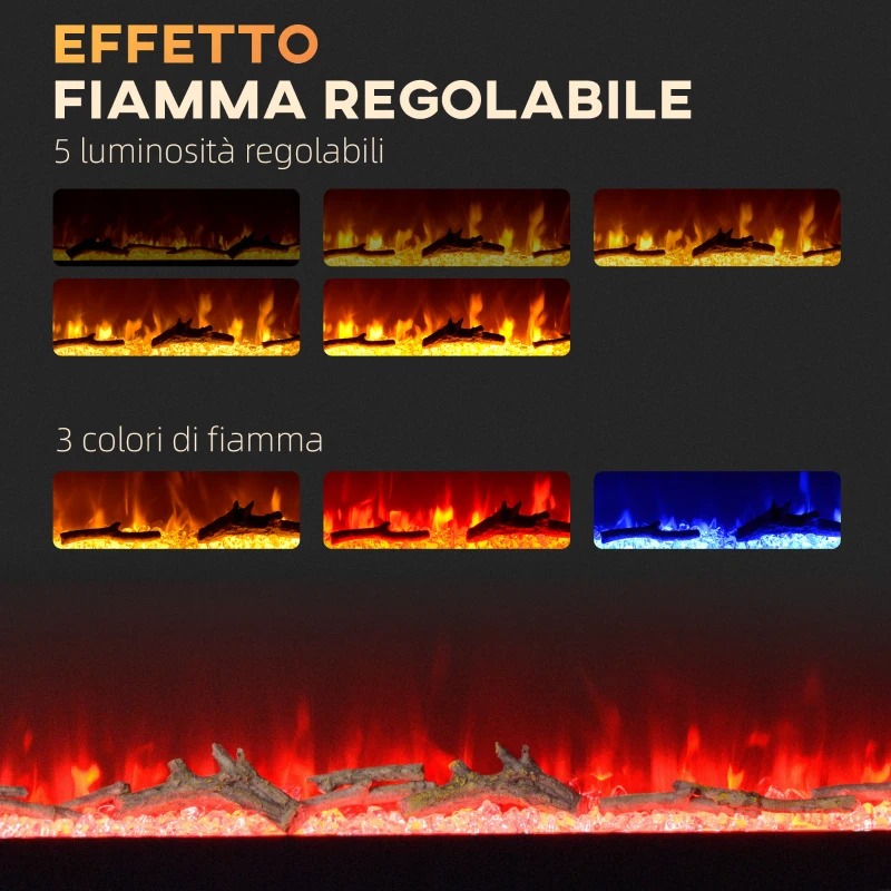 HOMCOM Camino Elettrico 1800W Regolabile con Telecomando, in Acciaio e Vetro Temperato, 152.4x15.8x45 cm, Nero