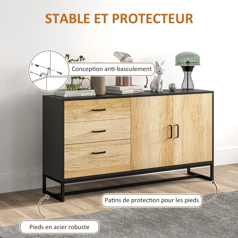 HOMCOM Buffet salon meuble de rangement avec 3 tiroirs et étagère réglable, pieds en acier, poignées en alliage d'aluminium