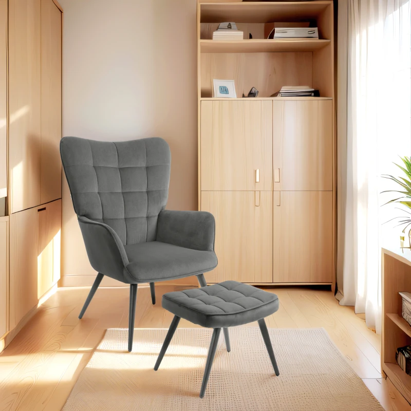HOMCOM Fauteuil relax avec repose-pieds assorti style scandinave piètement métal noir revêtement aspect velours - gris