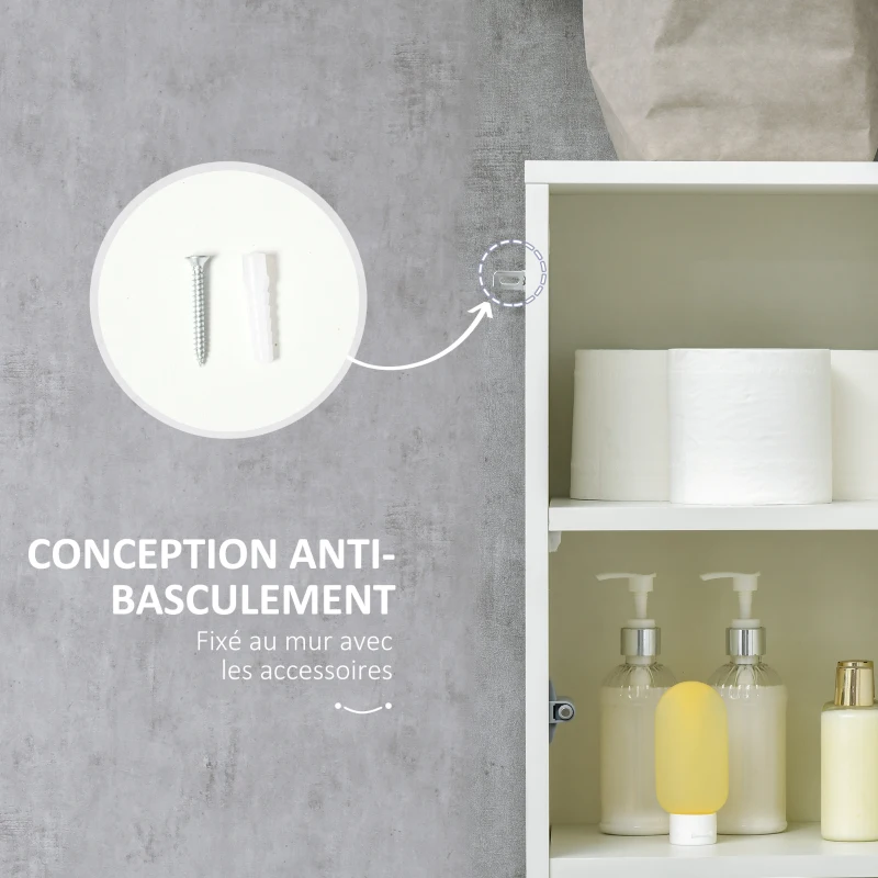 kleankin Meuble colonne rangement salle de bain style contemporain 2 placards 3 étagères et 1 tiroir coulissant panneaux particules brillant dim. 30l x 28P x 170H cm blanc laqué