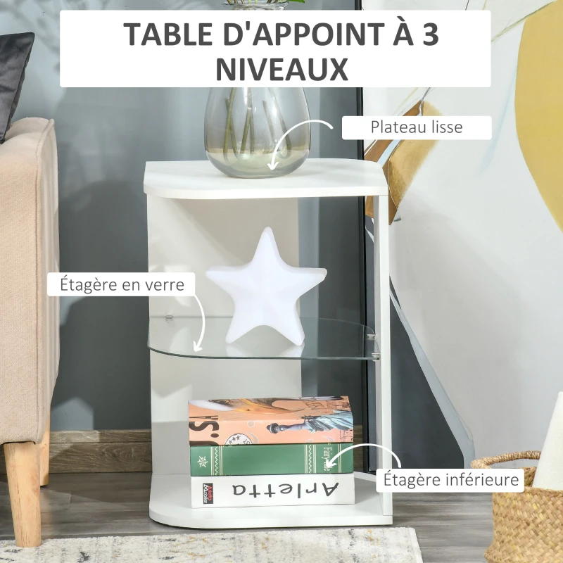 HOMCOM Table d'appoint guéridon design contemporain bout de canapé étagère verre trempé blanc