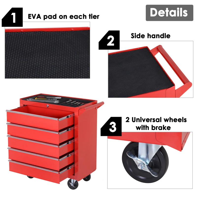 DURHAND 5-Drawer Tool Box on Wheels 150KG Load Tool Storage Cabinet with EVA Pad, Red