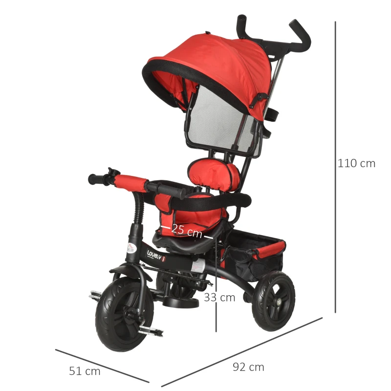 HOMCOM Triciclo Evolutivo para Bebés 6 en 1 Triciclo para Niños de 1-5 Años Bicicleta para Niños con Toldo Plegable Mango Telescópico Desmontable Cinturón de Seguridad y Cesto 95x50x106 cm Rojo