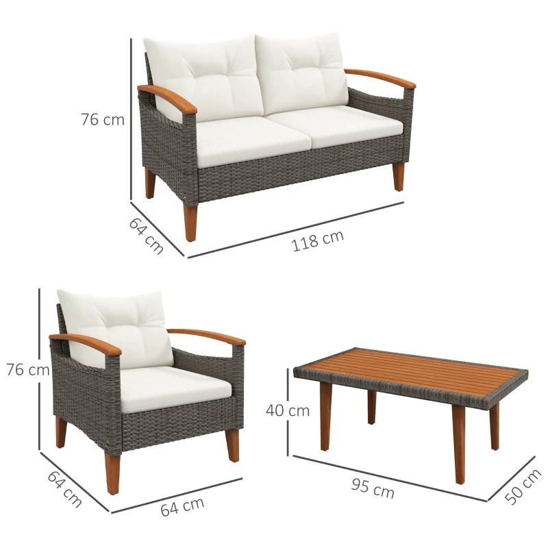 Outsunny Ensemble salon de jardin 4 pièces en rotin PE canapé 2 places 2 fauteuils coussins et plateau en bois d'acacia crème