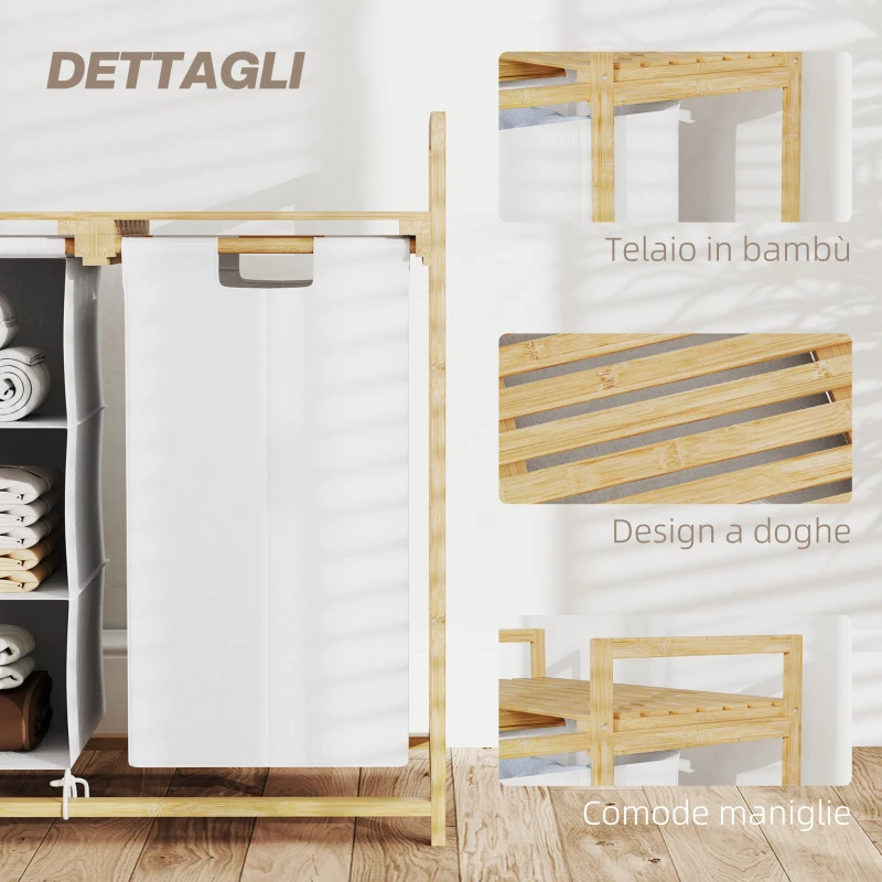 HOMCOM Cesto Portabiancheria con 2 Borse Estraibili, Maniglie e Ripiano in Bambù, 70x36x70 cm, Bianco